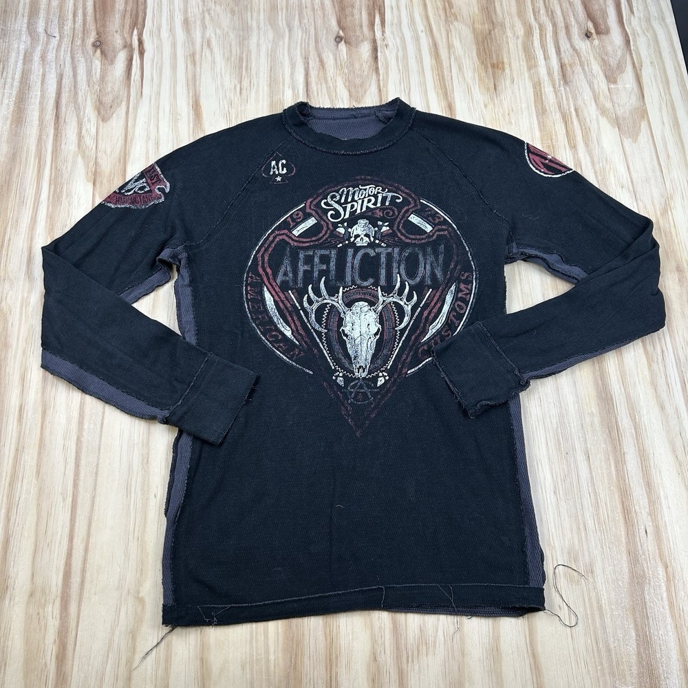Vintage Affliction Men's Large Reversible Thermal Waffle Black Grunge Graphic